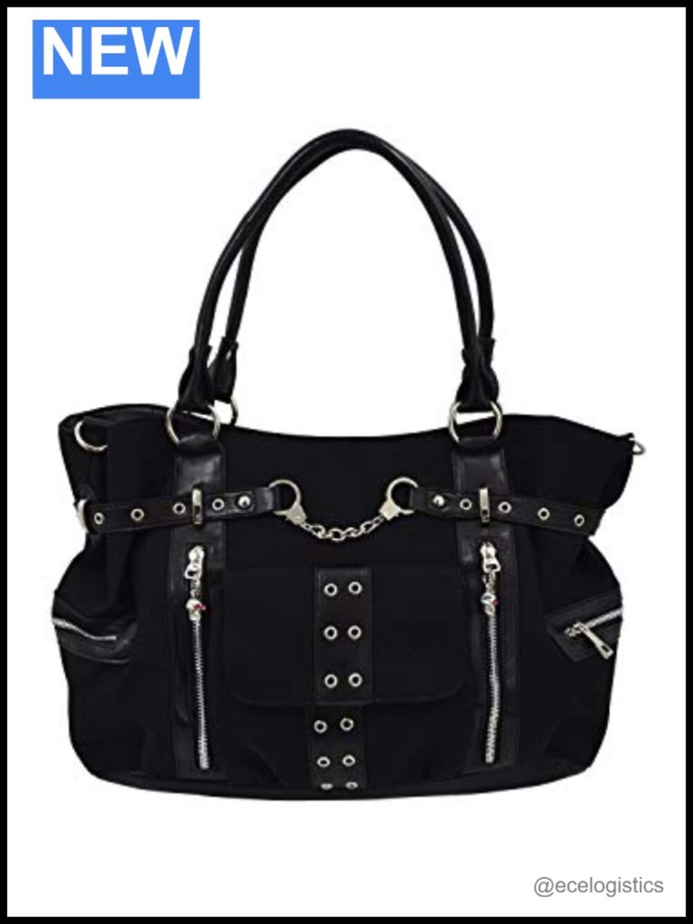 Lost Queen Rise Up Handcuff Goth Punk Rock Black Tote Crossbody Bag Women's 19"